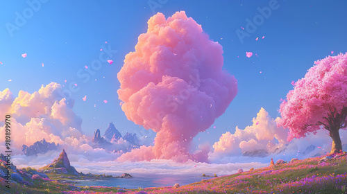 Brightly colored clouds floating over a dreamlike landscape, representing a surreal world of fantasy.
 photo