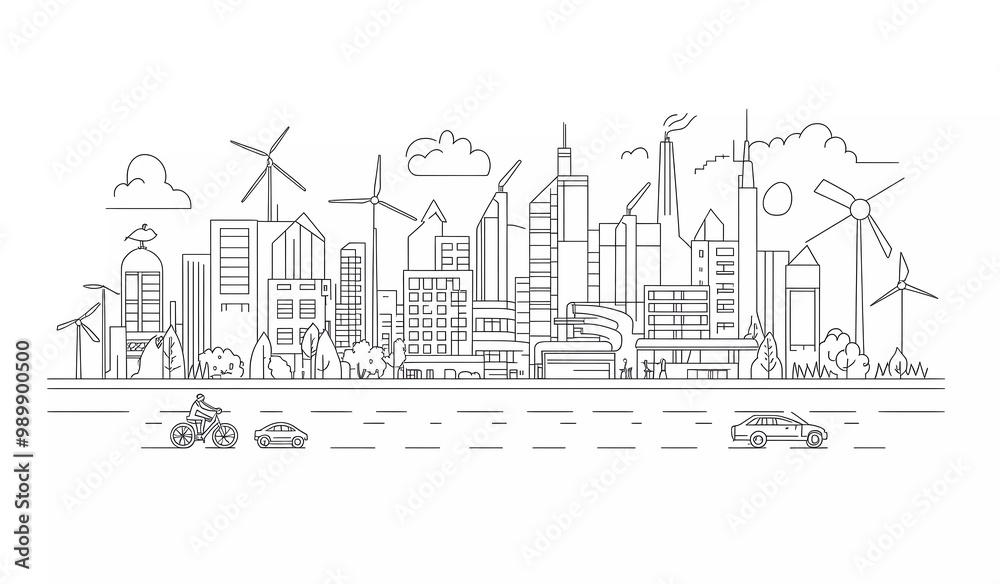 line art vector illustration of sustainable city with green energy, solar panels and wind turbines, bicycle path through the streets, public transportation in background line art vector illustration of sustainable city with green energy, solar panels and wind turbines, bicycle path through the streets, public transportation in background