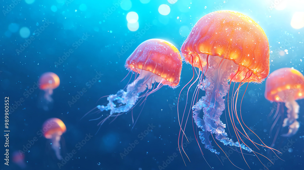 Glowing jellyfish swimming through a bright, colorful ocean of liquid light, symbolizing underwater imagination.
Glowing jellyfish swimming through a bright, colorful ocean of liquid light, symbolizing underwater imagination.