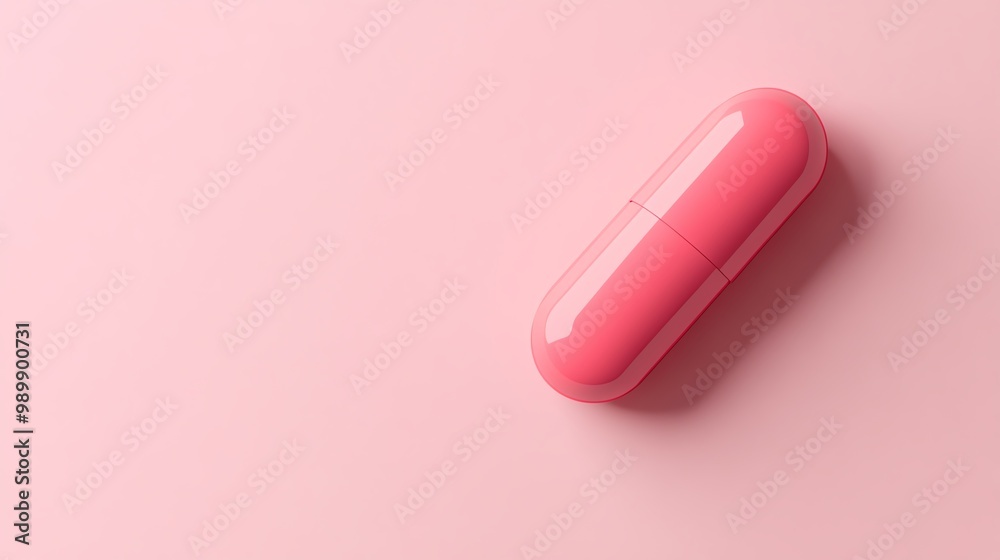 Close-up of a single pink pill on a pink background, representing medication, health, and pharmaceuticals. Close-up of a single pink pill on a pink background, representing medication, health, and pharmaceuticals.