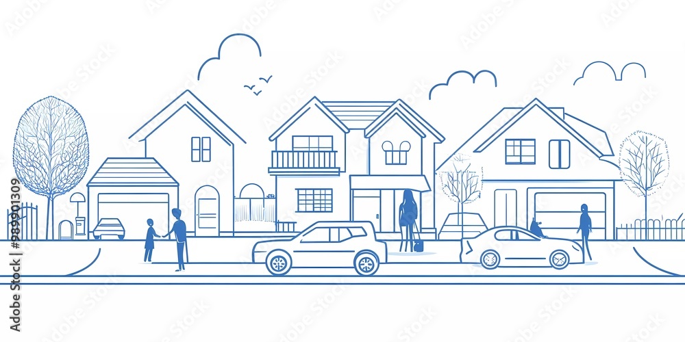 Simple line vector illustration of family houses with people and cars on the street, white background, blue lines, flat design, minimalism, linear illustration Simple line vector illustration of family houses with people and cars on the street, white background, blue lines, flat design, minimalism, linear illustration