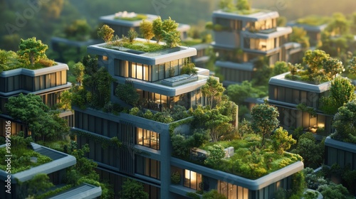 A row of apartment buildings with green roofs and balconies