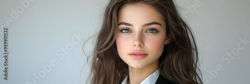 Beautiful young woman with long, flowing brown hair and stunning blue eyes gazes directly at the camera with a captivating stare.