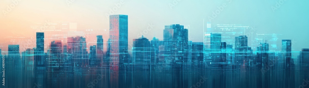 A panoramic view of a futuristic city skyline during sunrise, showcasing modern architecture and digital overlay.