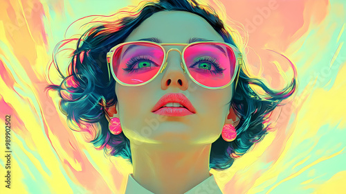 Stylish Woman with Pink Sunglasses Enjoys the Summer Sun with Vibrant Colors