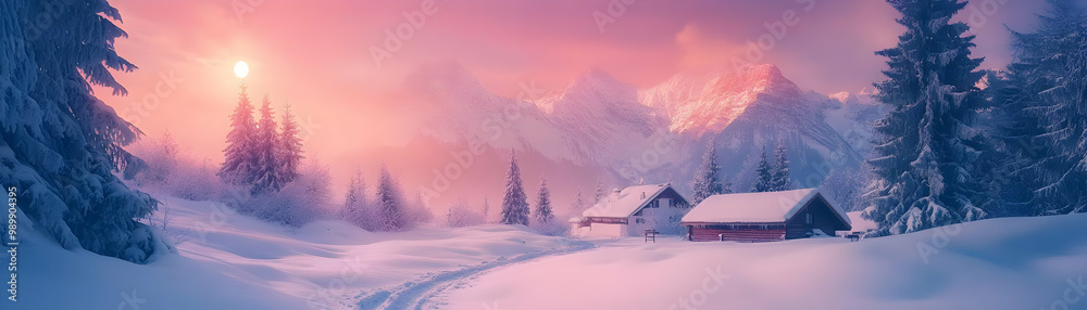 Fototapeta premium Snowy Mountain Landscape with a Cabin Nestled in the Forest