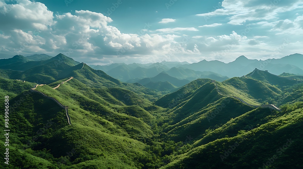 Fototapeta premium Great Wall of China in Mountains with Blue Sky and Clouds
