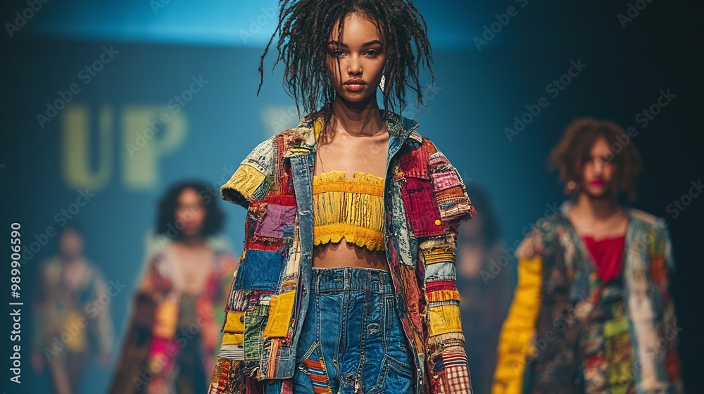 Fototapeta premium runway show featuring fashion models in upcycled garments crafted from vintage fabrics, discarded denim, and other repurposed materials