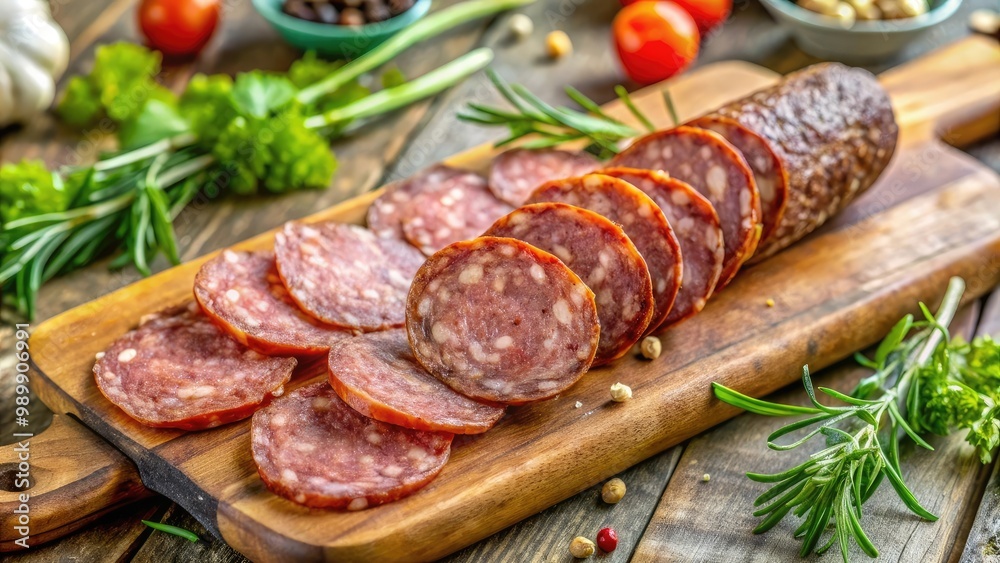 Sliced spicy salami arranged on rustic wooden cutting board