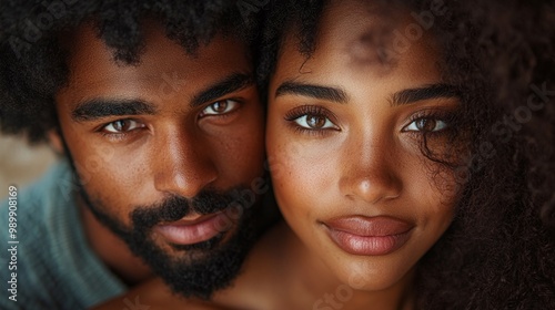 beautiful portrait of a young african american couple in love, with a black man and afro woman, closeup view showing the intimate details of their faces and emotions in a loving relationship