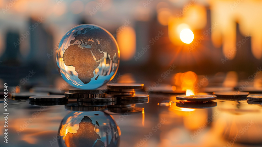 Glass globe on a stack of coins reflecting sunset in a cityscape background Glass globe on a stack of coins reflecting sunset in a cityscape background