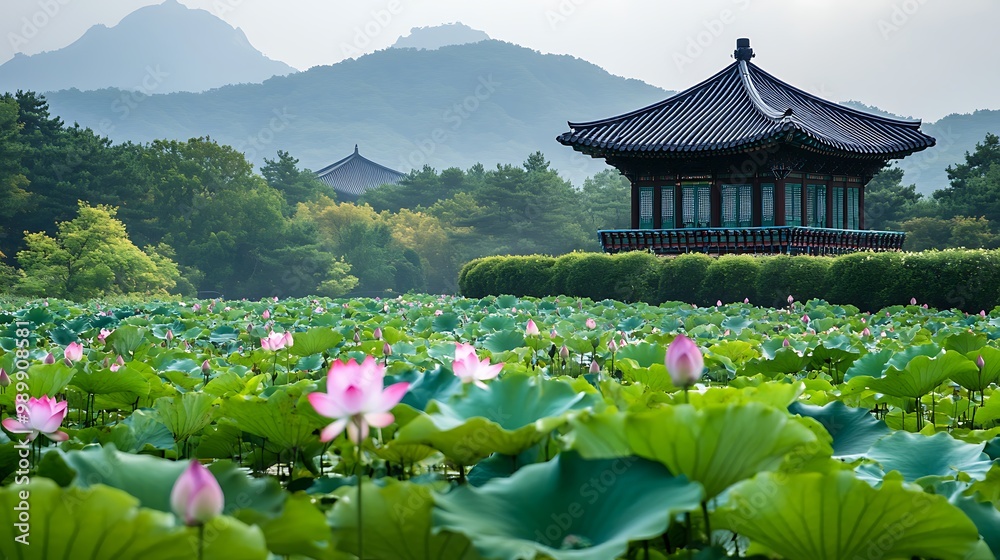 Korean Traditional Pavilion Amidst Lotus Pond Korean Traditional Pavilion Amidst Lotus Pond