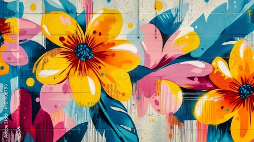 Fototapeta Naklejka Na Ścianę i Meble -  Graffiti wall with bright floral designs, large flowers painted with bold colors