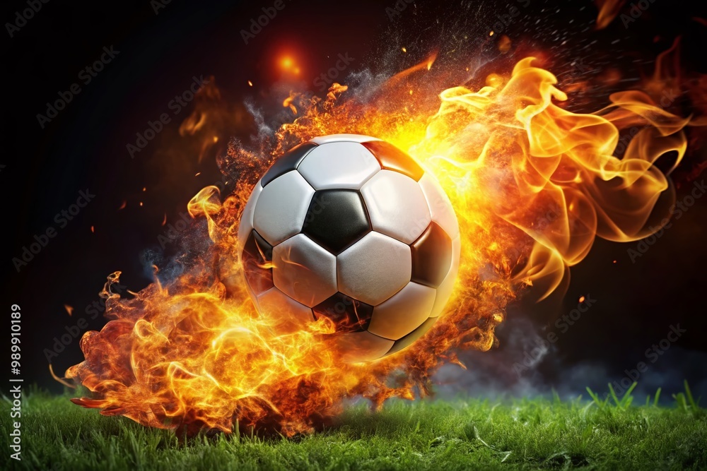 Fototapeta premium Fiery Soccer Ball Igniting the Field with Intense Flames and Dynamic Motion in a Dramatic Scene