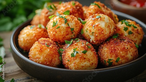 crunchy golden cheese croquettes arranged on a plate, highlighting a crispy fried coating and savory taste, perfect as a hot appetizer or snack