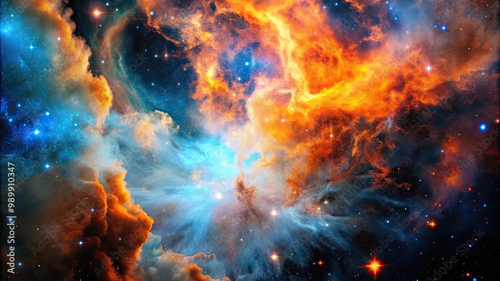 Naklejka premium Vibrant orange and blue nebula cloud formation in deep space