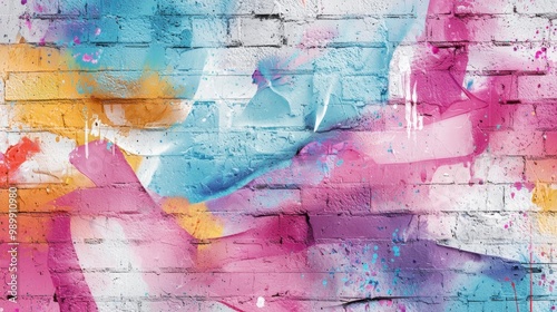 Graffiti wall with soft watercolor effects, vibrant splashes of pastel colors blending into abstract shapes