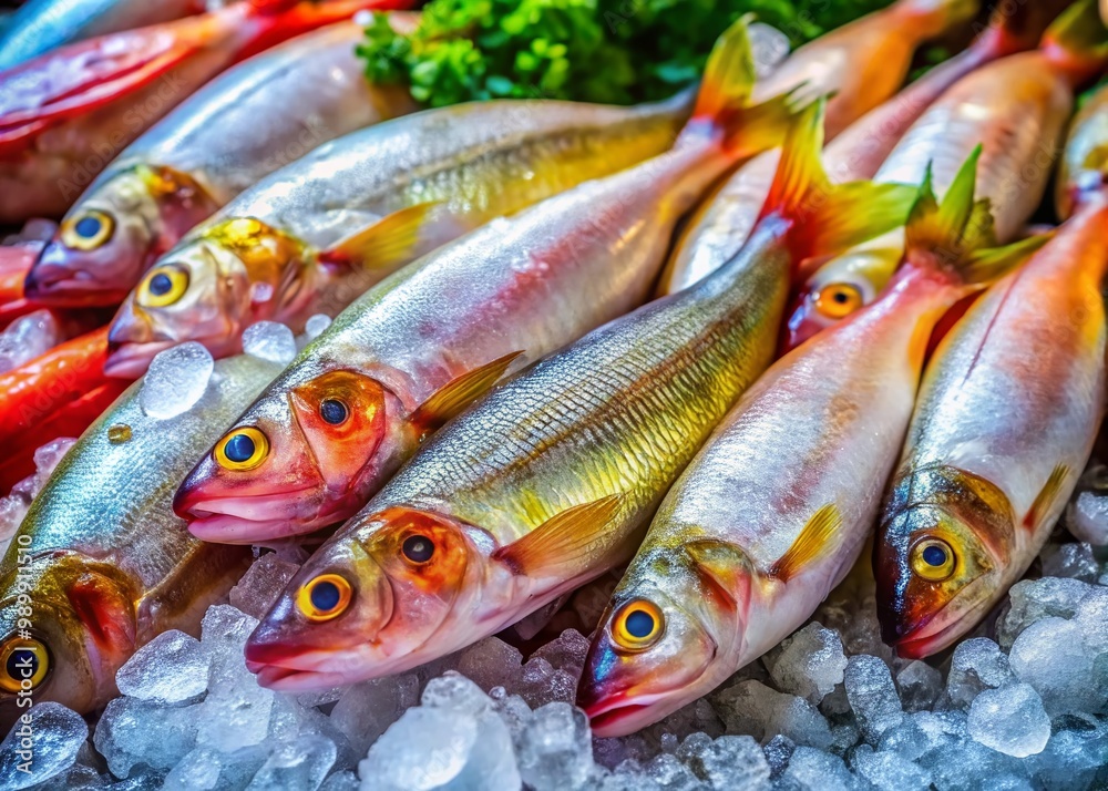 Fototapeta premium Fresh Bombay Duck Fish on Ice Displayed at a Local Market for Sale and Culinary Preparation Ideas