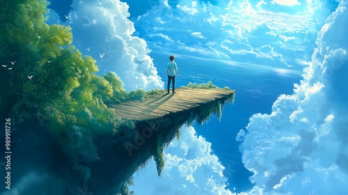 scenery man standing floating island bird flying overhead wanderer above sea fog inspiring bridge worlds dream looking down cliff bright blue sky photo