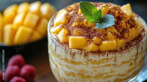 close-up of mango tiramisu dessert, highlighting vibrant tropical flavors and soft creamy layers, a fresh and rich indulgence for fruity dessert enthusiasts