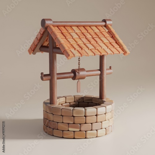 Wooden wishing well with a tiled roof in a simple setting. photo