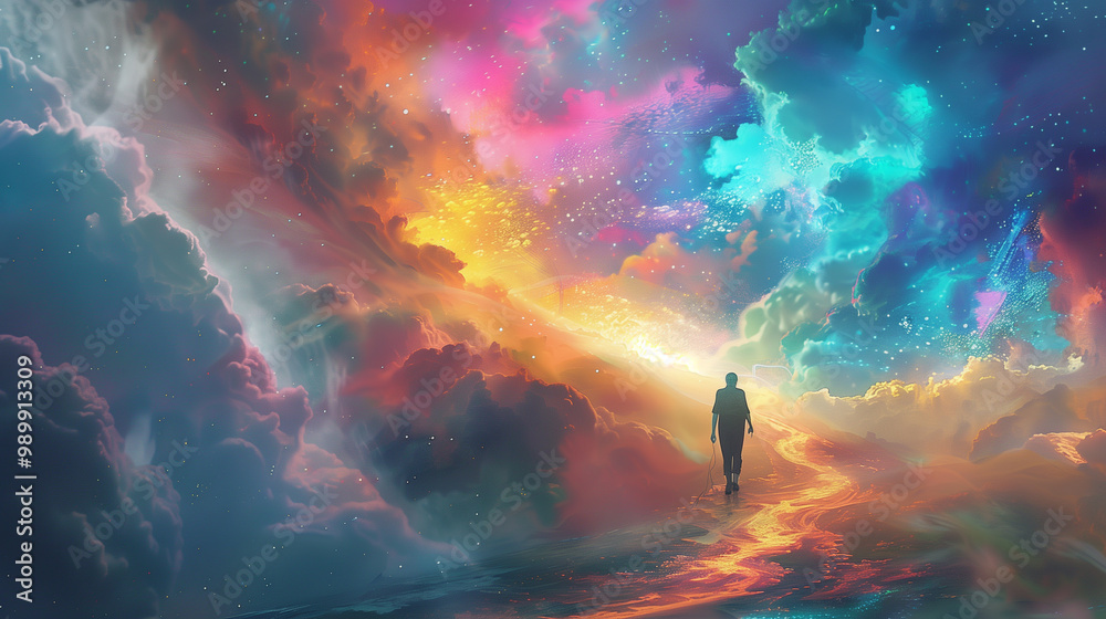 Man walking on a glowing pathway through a mesmerizing, vibrant, and otherworldly dreamscape Man walking on a glowing pathway through a mesmerizing, vibrant, and otherworldly dreamscape