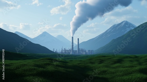 Industrial Landscape with Smokestacks and Mountains