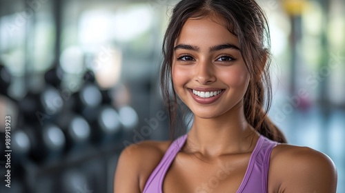 young Indian woman in the gym, wearing trendy purple workout clothes and smiling with vibrant energy, showcasing confidence and a strong fitness lifestyle Free Download young Indian woman in the gym, wearing trendy purple workout clothes and smiling with vibrant energy, showcasing confidence and a strong fitness lifestyle - GFXLoad