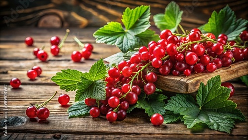 Fresh Red Currants on a Wooden Table with Green Leaves and Natural Light in a Rustic Setting