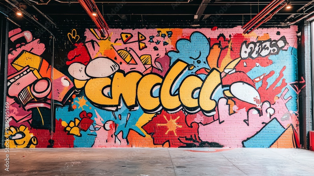 Pop art-inspired graffiti wall, bright colors