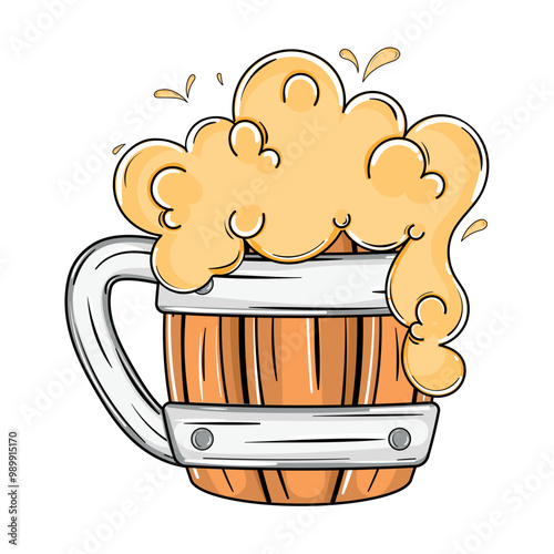 Wooden beer mug with metal accents and foam overflow, Vector