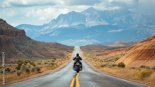 front view of a biker on a vintage motorcycle enjoying the freedom of the open road, set against a picturesque natural landscape that inspires adventure and exploration photo