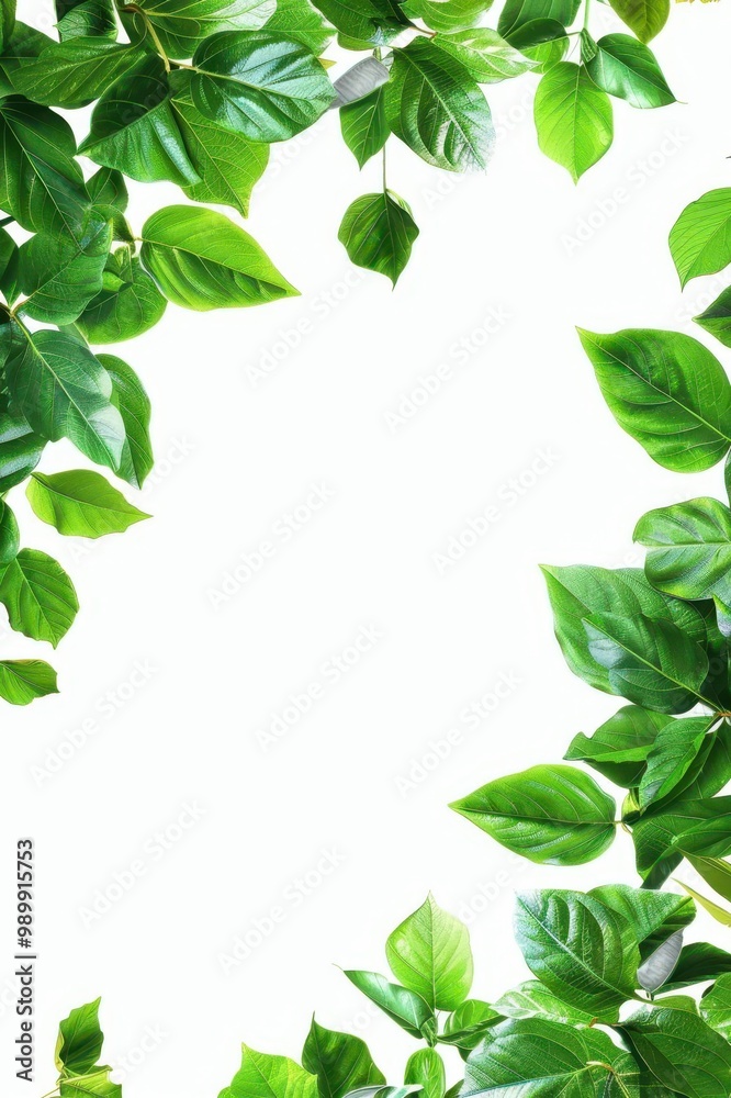 Fresh green leaves framing a white background, perfect for eco-friendly themes and natural designs. Fresh green leaves framing a white background, perfect for eco-friendly themes and natural designs.