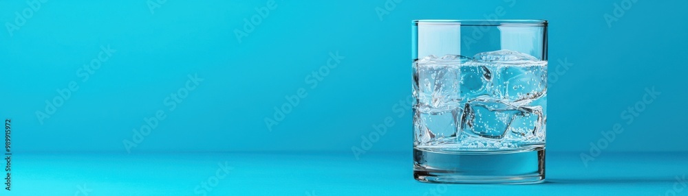 A refreshing glass of water with ice cubes against a vibrant blue background, perfect for summer hydration themes. A refreshing glass of water with ice cubes against a vibrant blue background, perfect for summer hydration themes.