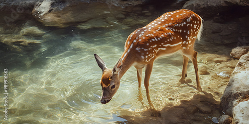 Graceful deer drinking from clear stream photo