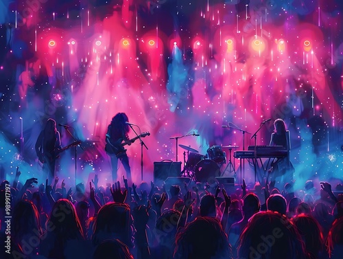 A vibrant concert scene with musicians performing on stage and an enthusiastic crowd.