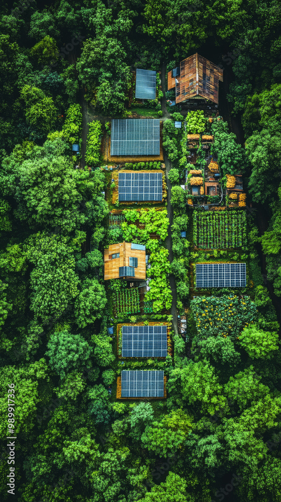 Aerial view of homes with solar panels surrounded by lush green trees. Aerial view of homes with solar panels surrounded by lush green trees.
