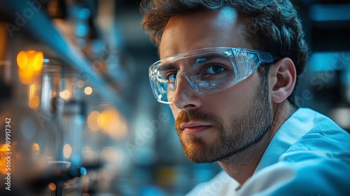 R&D centre featuring engineers in protective glasses engaged in research on alternative energy sources, emphasizing the importance of safety and innovation in technology