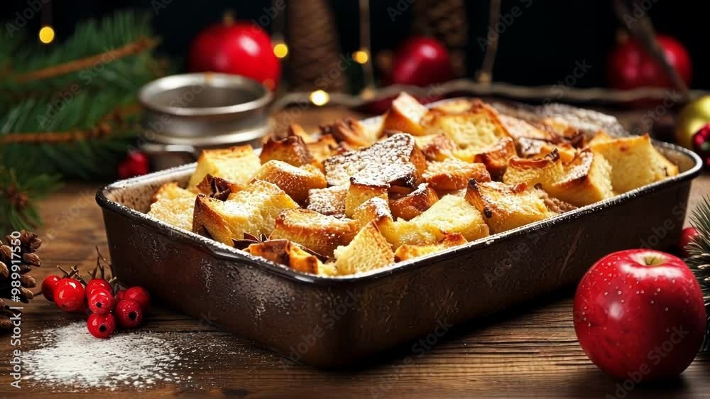 Freshly baked bread pudding on a rustic table, perfect for a cozy winter gathering. Evokes warmth and tradition, ideal for christmas