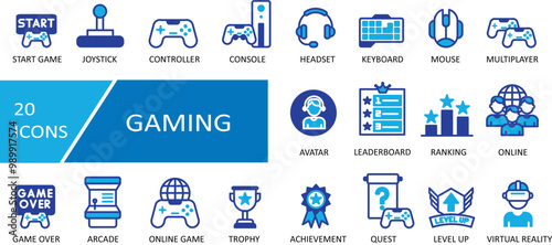 Gaming and Video Games Line Icons. For Mobile and Web. ONLINE, RANKING, ARCADE, VIRTUAL REALITY, LEADERBOARD, AVATAR, MOUSE, KEYBOARD, ONLINE GAME, GAME OVER, LEVEL UP, QUEST, START GAME, JOYSTICK, MU