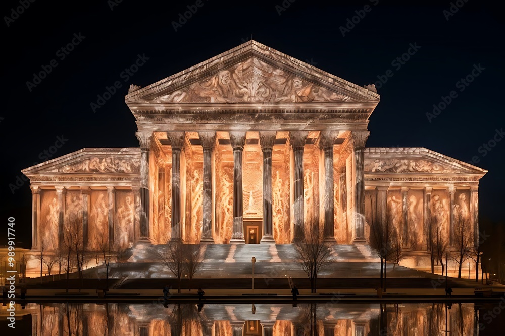 Fototapeta premium A grand building illuminated with artistic projections at night, reflecting cultural heritage.