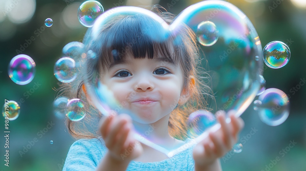magical moment of a happy kid interacting with heart-shaped soap bubbles, emphasizing the happiness and wonder of childhood adventures magical moment of a happy kid interacting with heart-shaped soap bubbles, emphasizing the happiness and wonder of childhood adventures