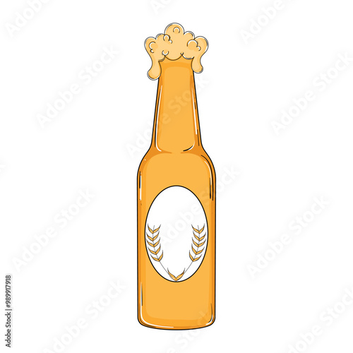 Beer bottle with foam overflowing and wheat design, Vector