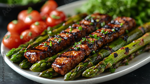 Grilled asparagus spears drizzled with balsamic glaze