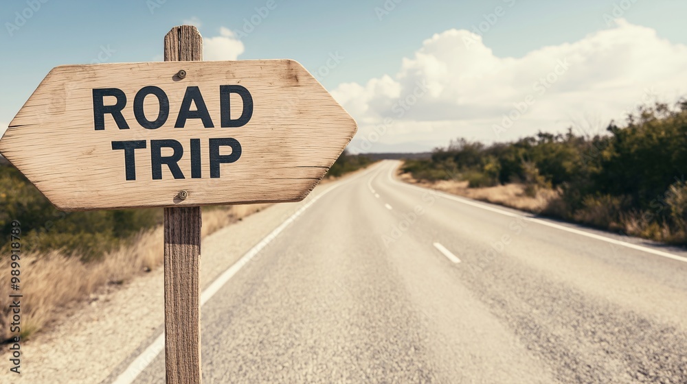 Scenic Road Trip Sign with Open Highway View Scenic Road Trip Sign with Open Highway View