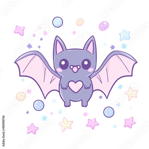 Kawaii purple bat with heart-shaped wings and tiny fangs, surrounded by pastel stars 