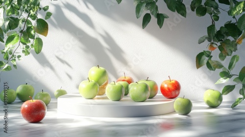 3D scene with a plain white podium decorated with green and red apples. White background for advertising and product promotion.