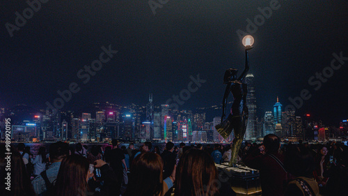 Photography Hong Kong City Skyscraper Buildings and Business Financial District Central, Landmark Harbor View of Hong Kong City Skyline and Skyscrapers Cityscape Downtown at Sunset