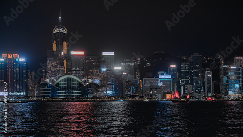 Photography Hong Kong City Skyscraper Buildings and Business Financial District Central, Landmark Harbor View of Hong Kong City Skyline and Skyscrapers Cityscape Downtown at Sunset