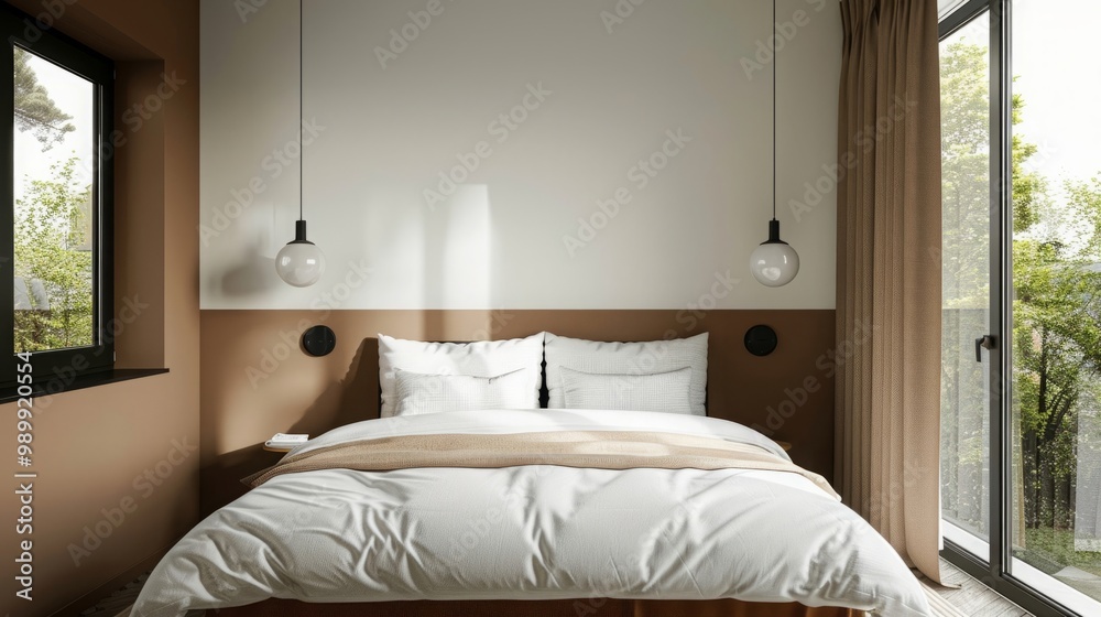 bedroom with a double bed, wall painted in two tones and window to see the outside bedroom with a double bed, wall painted in two tones and window to see the outside